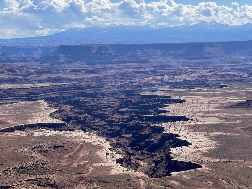 Red rock canyon cut out of flat desert ground with large red rock mesas and snow-capped La Sal Mountains in distance on sunny day. Buck Canyon Overlook, Canyonlands National Park, Island In The Sky, Moab, Utah.