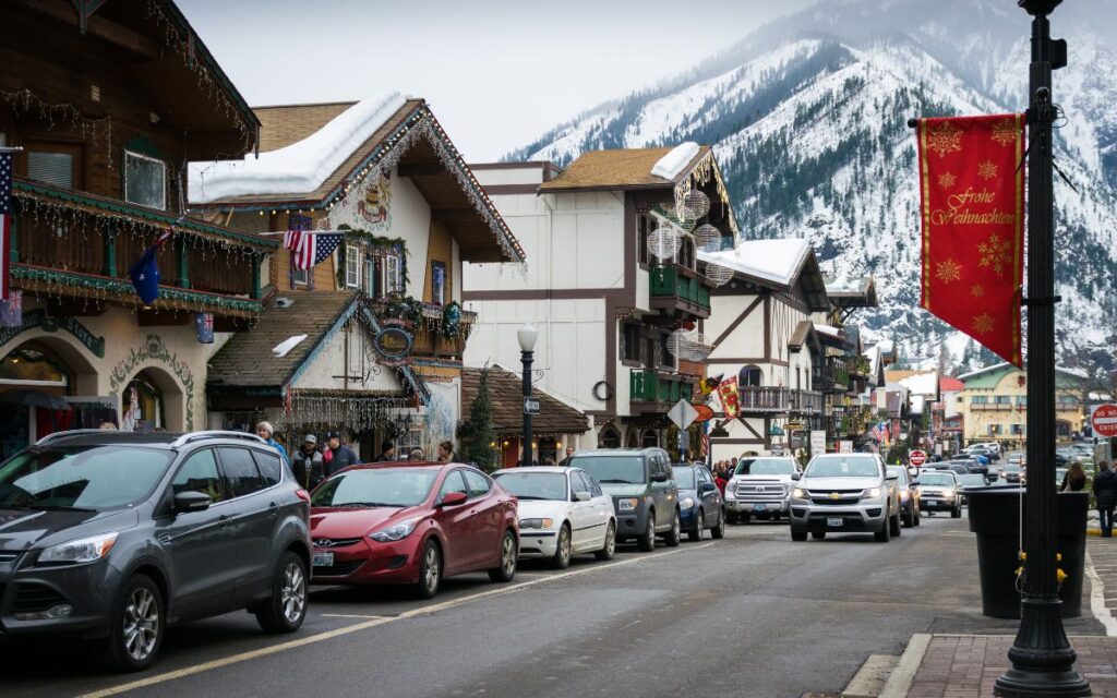 Bavarian Village with mountain backdrop Leavenworth washington