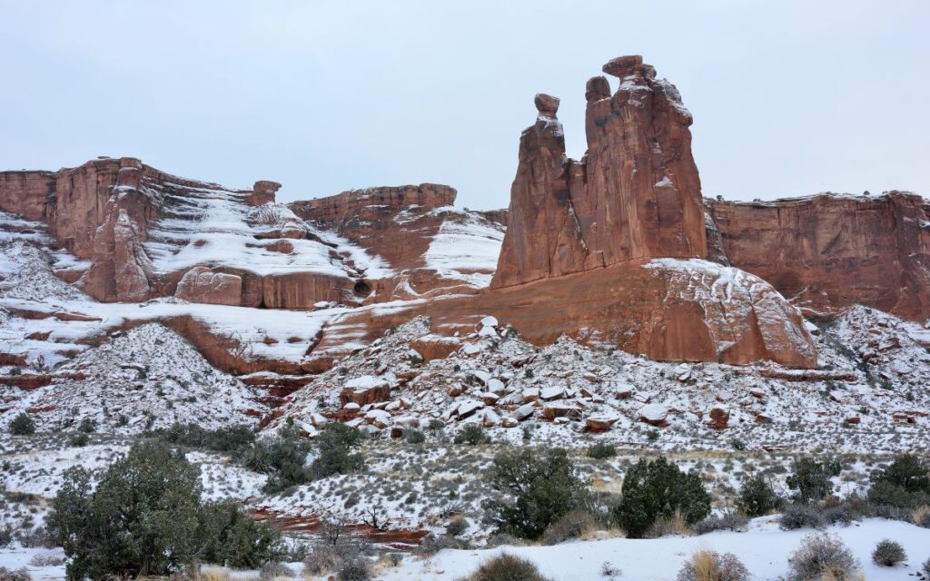 snowy arches national park moab utah