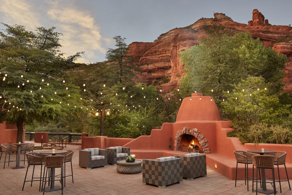village terrace cocktail space outdoor fireplace enchantment resort sedona arizona