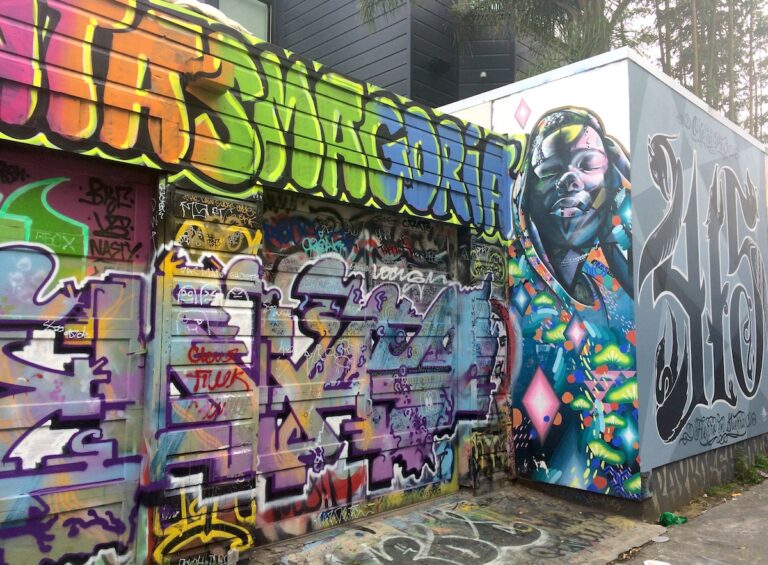 Colorful graffiti and street art in alley. Clarion Alley Street Art, San Francisco, California.