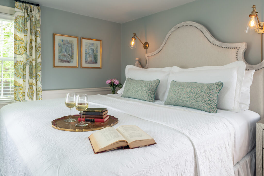 Hotel guest room king size bed with luxury finishes. Inn at Yarmouth Port, Cape Cod, Massachusetts.