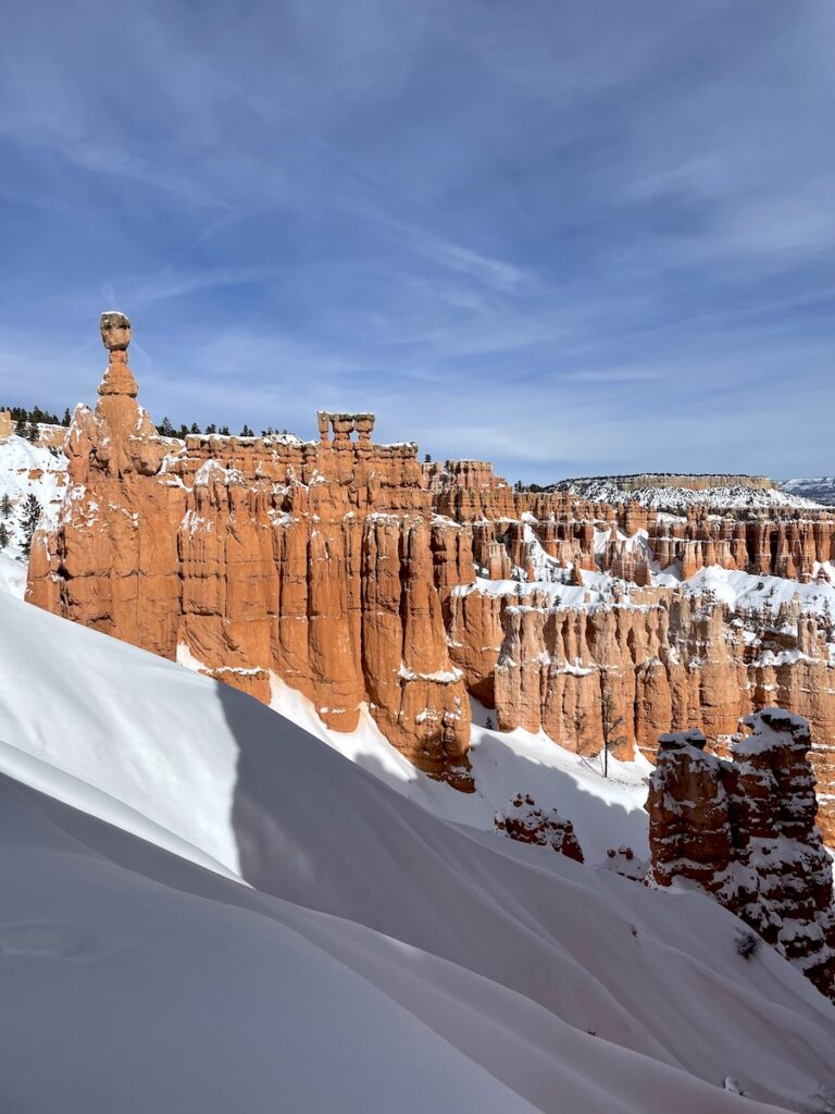 Queens Garden Navajo Loop hike in winter snow Bryce Canyon National Park Utah