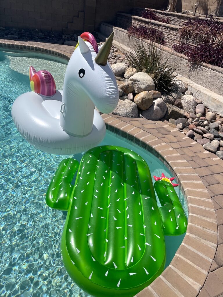 Unicorn and cactus pool floaties in pool on sunny summer day in Tucson, Arizona.