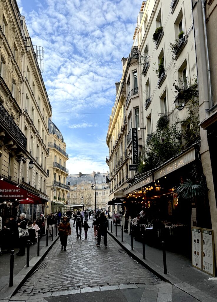 Cobblestoned walkway with people between Parisian buildings on sunny day. Latin Quarter, Paris, France.