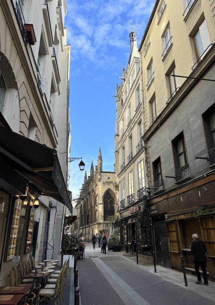 cafe lined alleyways in latin quarter of Paris France
