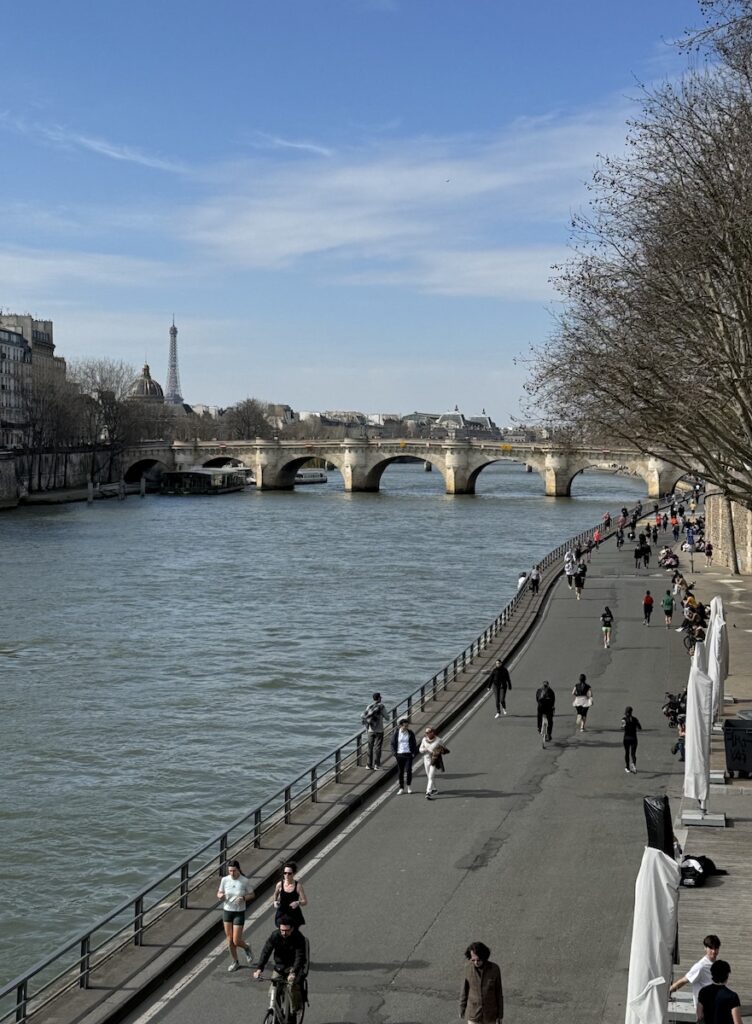 lower pedestrian walkway along Seine River with eiffel tower in background Paris France