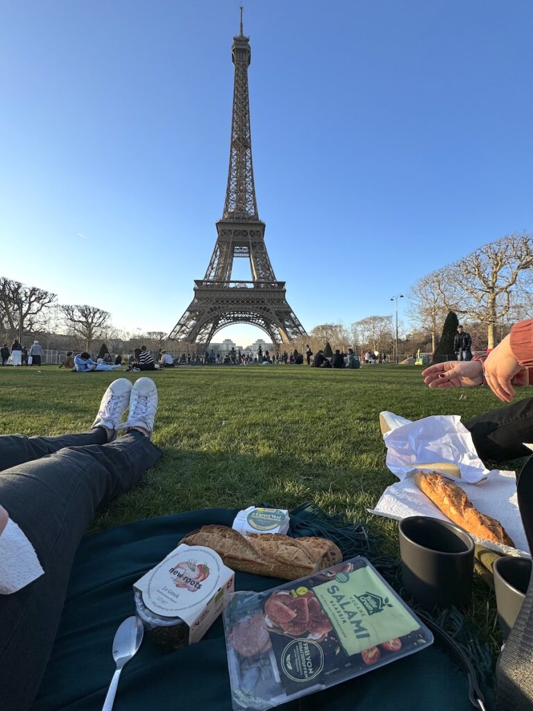 Two women having picnic on grassy lawn in front of Eiffel Tower on sunny evening. Jardin de la Tour Eiffel, Paris, France.