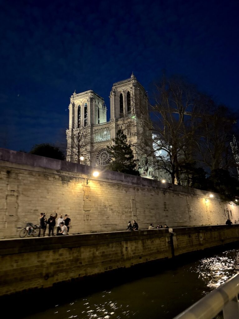 notre dame at night sunset happy hour cruise seine river paris france