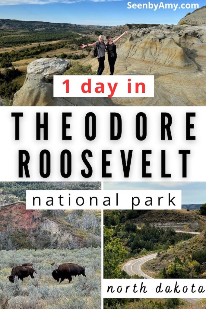 Pinterest Graphic: Photos of Theodore Roosevelt National Park with text overlay reading "1 Day In Theodore Roosevelt National Park North Dakota"