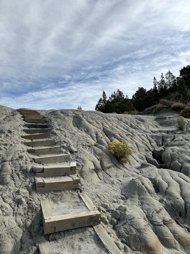 Stairs built into grey badlands on sunny hiking trail, Caprock Coulee, Theodore Roosevelt National Park North Unit, North Dakota.