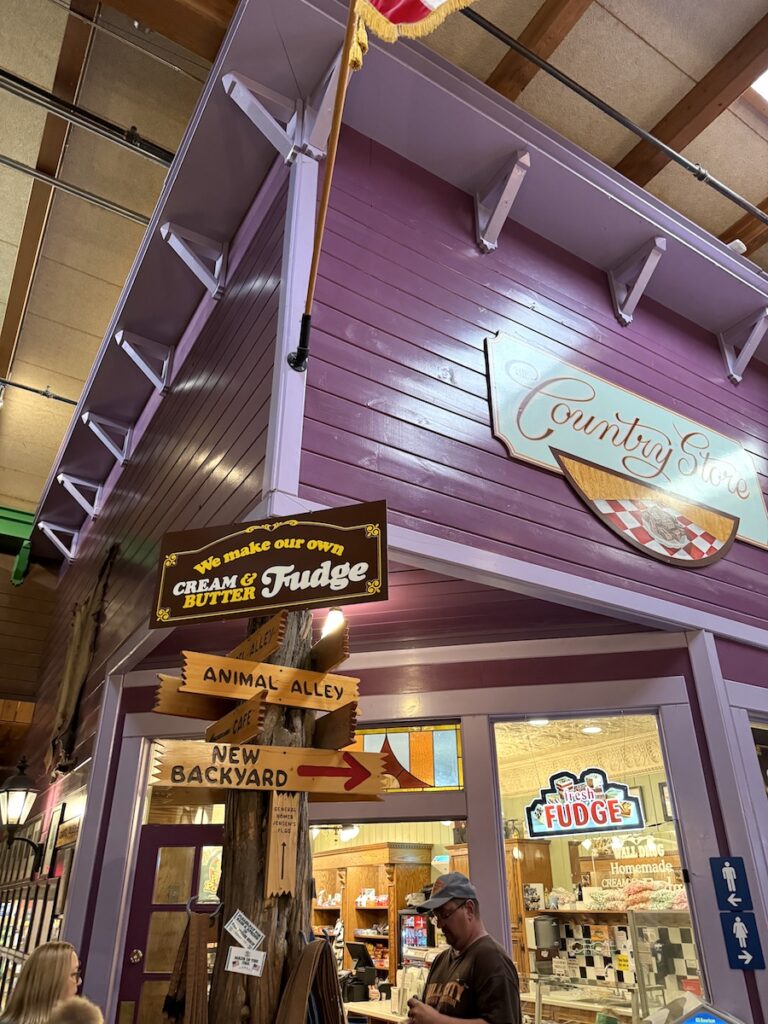 Replica of historic mining-era building painted purple inside indoor shopping mall. Wall Drug, Wall, South Dakota.