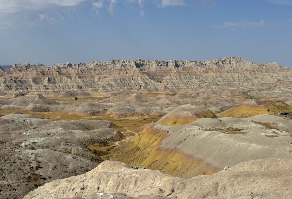 Views of colorful badlands on sunny day. Badlands National Park, South Dakota.