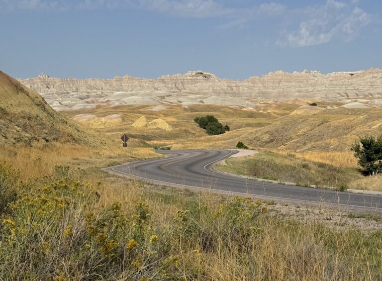 Paved road winding through prairie land dotted with badlands on sunny summer day. Badlands Loop Road scenic drive, Badlands National Park, South Dakota.