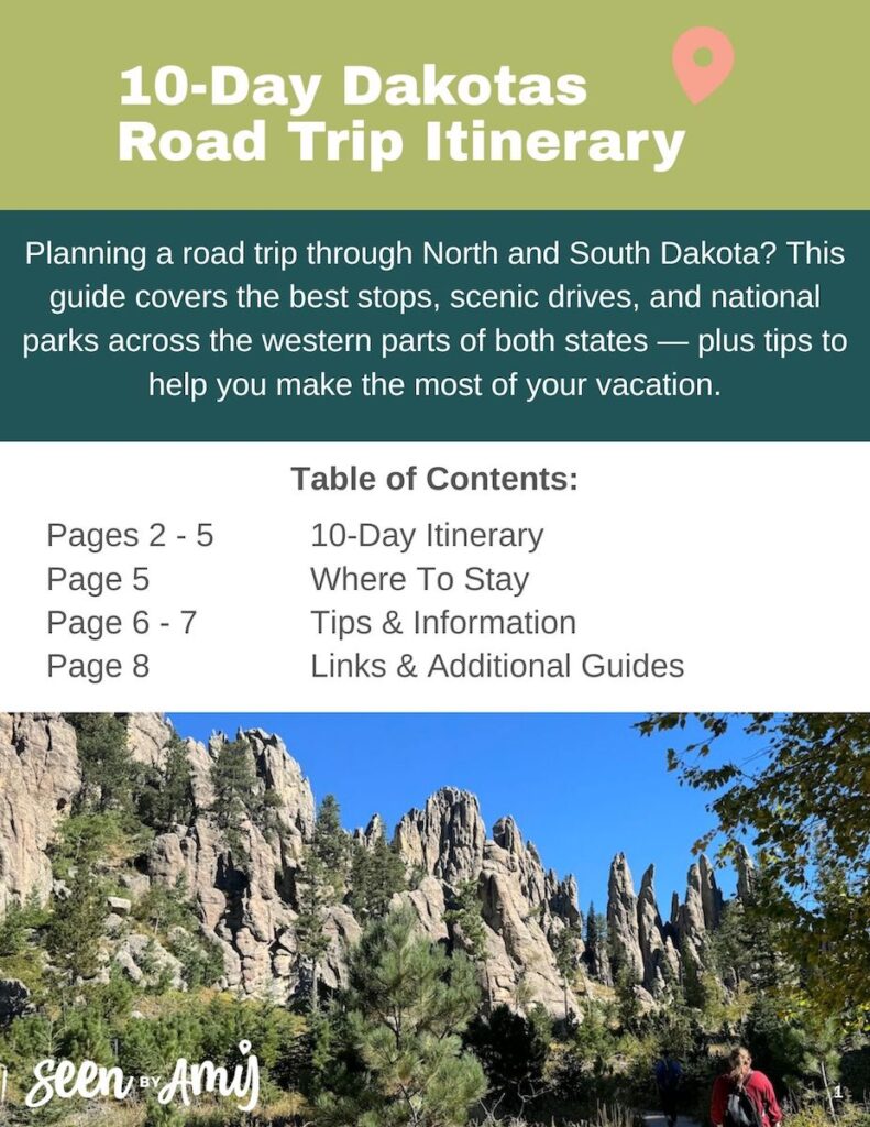 Cover page for downloadable guide: Title reads "10-day dakotas road trip itinerary" with description and table of contents.