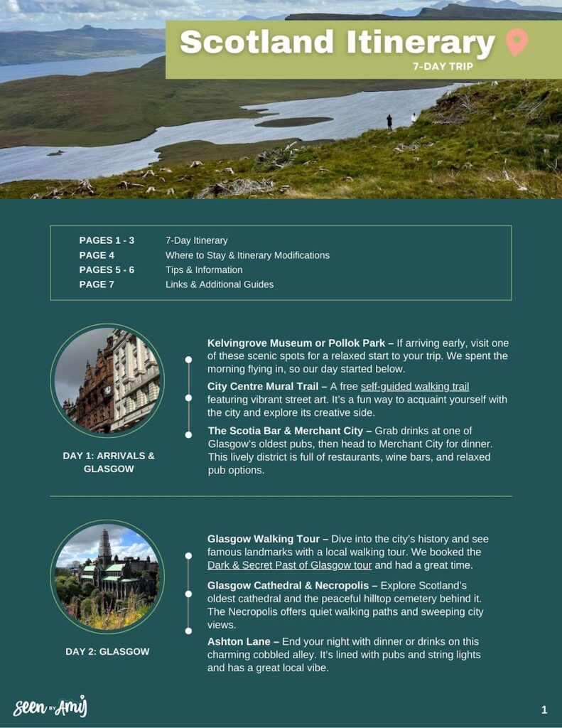 Cover page for downloadable guide: Title reads "Scotland itinerary 7 day trip" with description and table of contents.