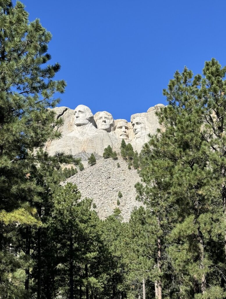 Mountain carving of the faces of four US presidents on granite mountain with pine trees in foreground and sunny blue sky in background. Mount Rushmore, Black Hills, South Dakota.