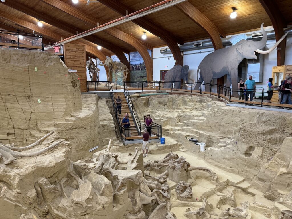 Mammoth excavating site in covered, indoor building with large infographics and mammoth cut-outs in background. In center, an excavator is talking with visitors. The Mammoth Site, Hot Springs, Black Hills, South Dakota.