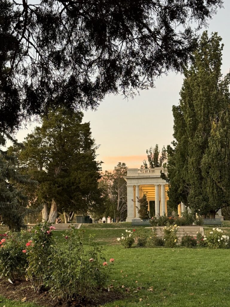 Neoclassical pavilion in garden at sunset. Cheeseman Park, Denver, Colorado.