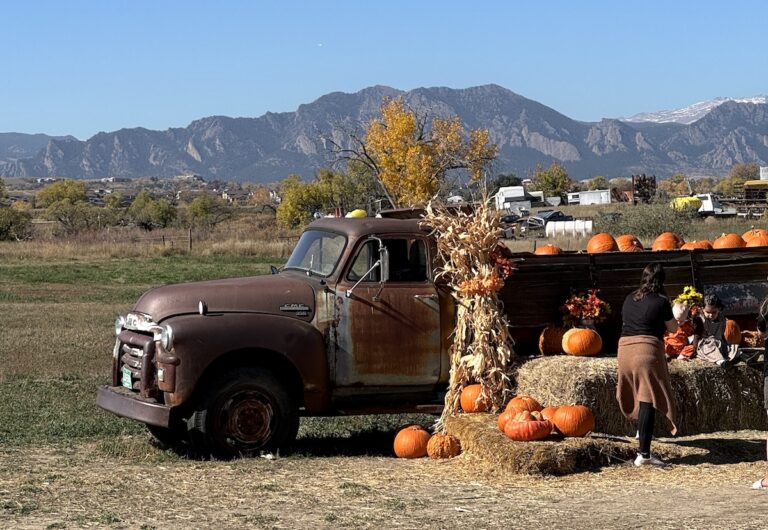 Rustic truck with pumpkin display with mountain and flatiron views in background on sunny fall day. Rock Creek Farms, Broomfield, Colorado.