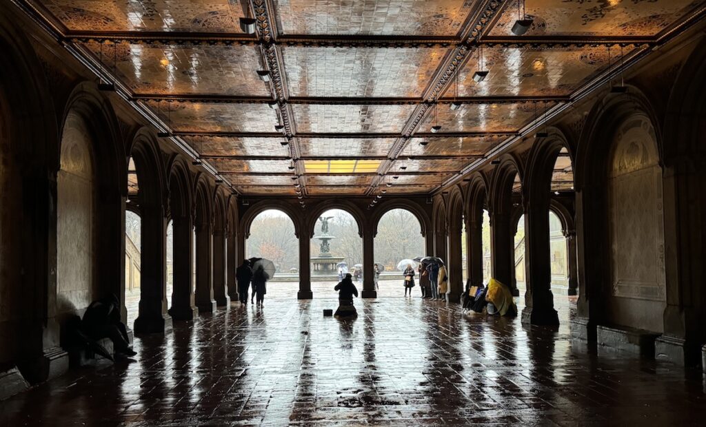 moody rainy winter day in central park bethesda terrace arcade walkway manhattan new york city christmas winter