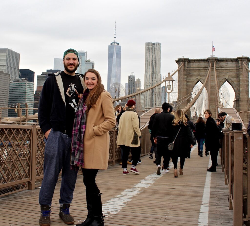 walking the brooklyn bridge winter new york city