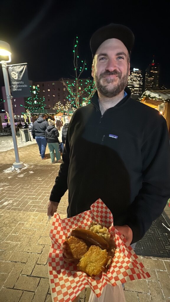 Denver Christkindlmarket food sausage and latkes colorado