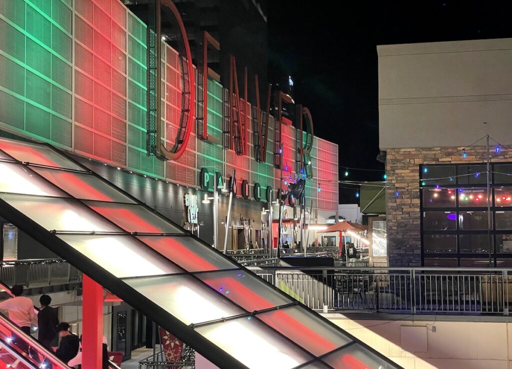 Large "DENVER" signs with red and green lighting for Christmas. Denver Pavillions, 16th Street, Denver, Colorado, Christmas.