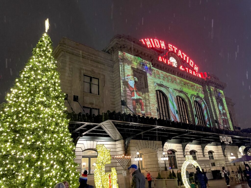 denver union station christmas lights and tree in snow colorado