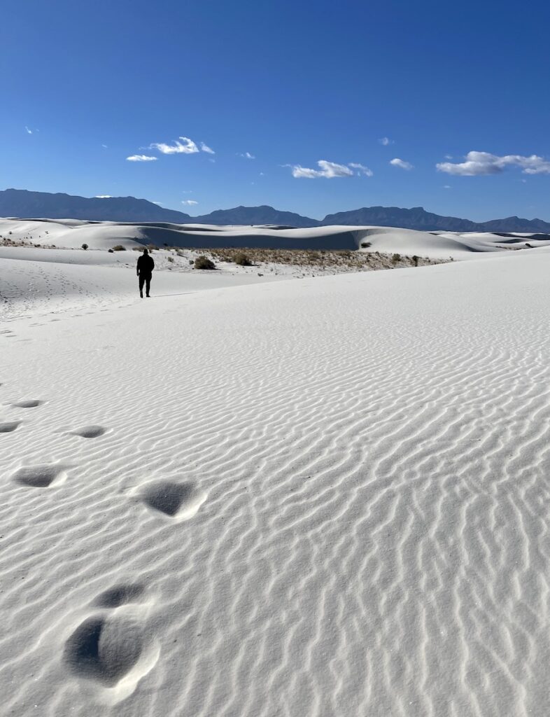 man hiking backcountry camping loop trail white sands national park new mexico