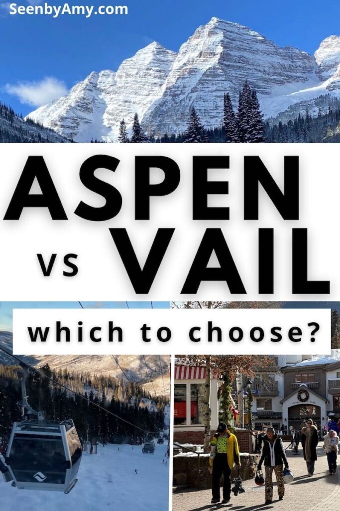 Pinterest Graphic: photos of Aspen and Vail, Colorado with text overlay reading "Aspen vs Vail: which to choose?"
