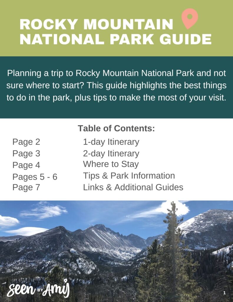 Cover page for downloadable guide: Title reads "Rocky Mountain National Park Guide" with description and table of contents.