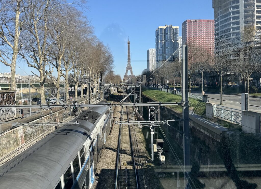 eiffel tower view from paris metro train paris france