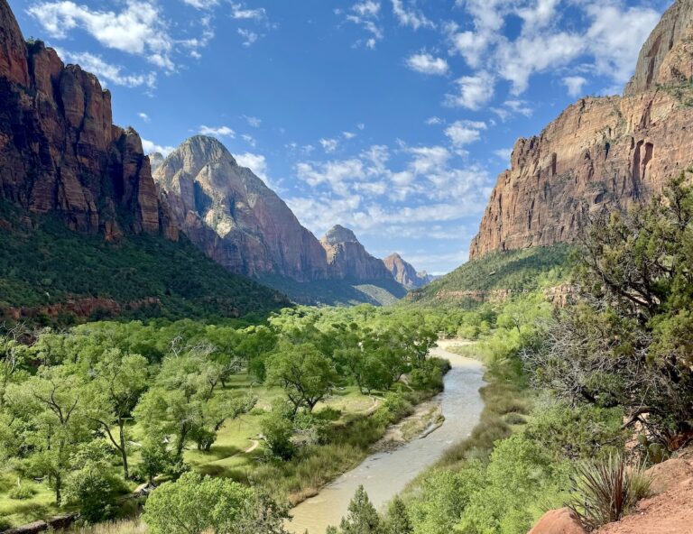 Narrow river winding through lush green valley with red rock cliffs rising up on either side on sunny summer day. Kayenta Trail, Zion Canyon, Zion National Park, Utah.