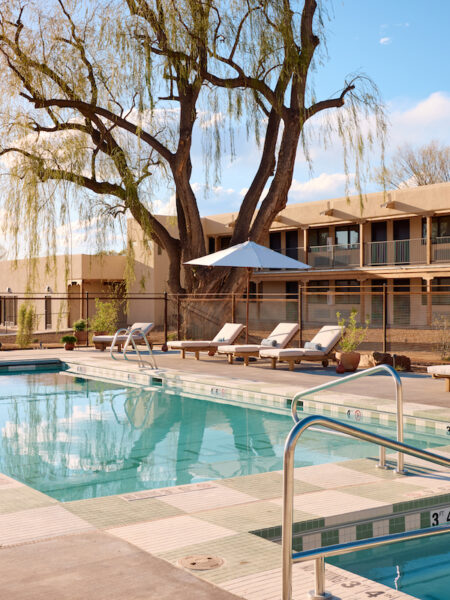 Large outdoor pool aside adobe hotel under large tree on sunny evening. Hotel Willa, Taos, New Mexico.